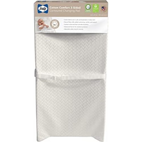 Sealy Cotton Comfort Waterproof 3-Sided Contoured Baby Diaper Changing Pad for Dresser or Changing Table - White, 32” x 16”