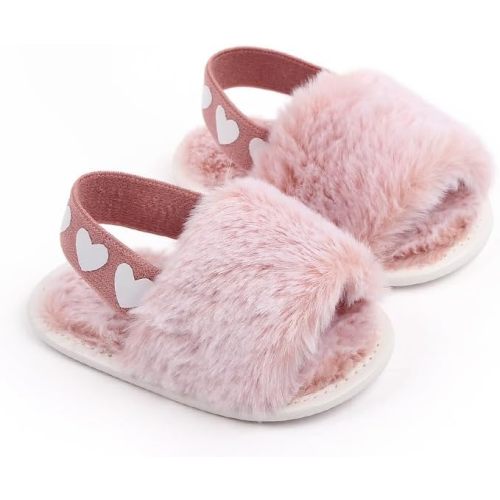 Baby Kids Fluffy Fuzzy Slippers Open Toe House Home Slippers for Boys and Girls Faux Fur Slides with Strap Little Kids Slip-on Shoes