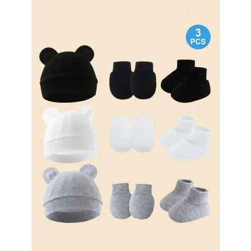 3pcs/Set Newborn Baby Boy Ear Hat + Anti-Scratch Mittens + Foot Cuffs Set (Blue + White + Grey), Suitable For Daily Wear | SHEIN