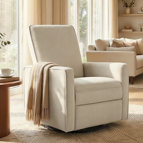 Swivel Rocker Recliner Chair, Nursery Glider Recliner Manual Rocking Comfy Upholstered Fabric Reclining Single Sofa for Nursery Bedroom Living Room
