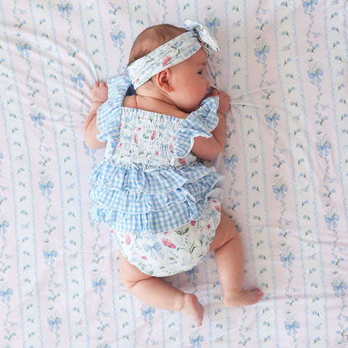 Floral Blue Daywear Gail Ruffled Bubble Romper | Posh Peanut®