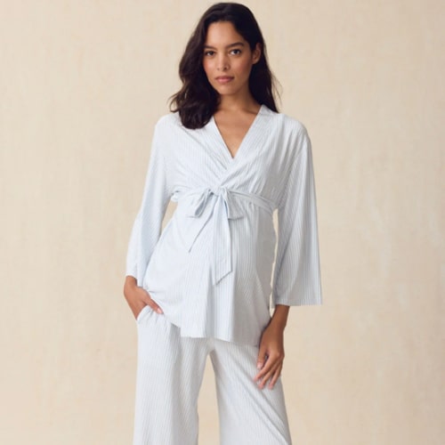 LAKE | Women | DreamModal™ Pajamas | Parisian Green Pencil Stripe Maternity Kimono Bundle