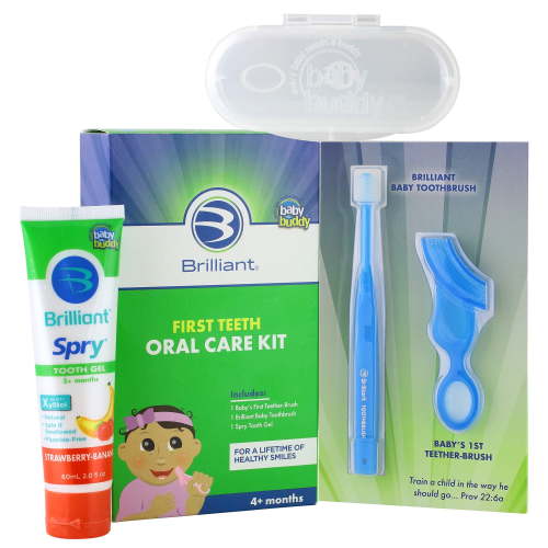 Brilliant First Teeth Oral Care Kit - Chewing Brush, Baby Soft Toothbrush, Xylitol Gel, Blue, 4+ Mos