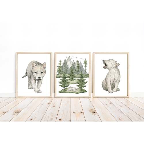 Baby Wolf Cub Woodland Forest Animals Wilderness Watercolor Nursery Decor Set of 3 Unframed Prints