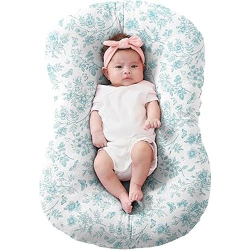 FUNUPUP Muslin Baby Lounger Cover Compatible with Snuggle Me Lounger, Infant Lounger Pillow Cover for Newborn, Removable Newborn Lounger Cover for Boys and Girls, Blue Flower