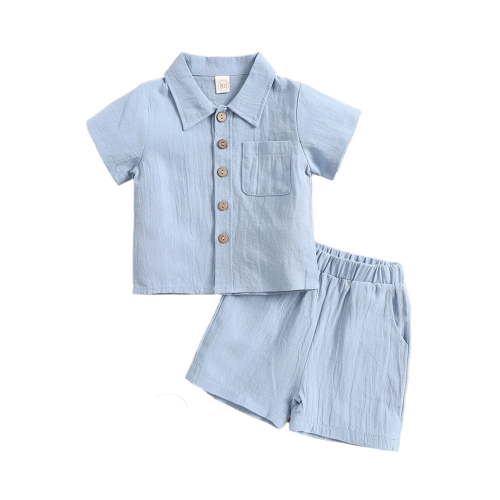 FLMEI Baby Boys Cotton Linen 2PCS Set Toddler Summer Clothes Short Sleeve T-Shirt Tops with Pockets Button-Down Shirt Short Set Clothes 6 Months - 4 Years