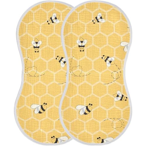 Cute Bee On Honey Yellow Honeycomb Muslin Burp Cloths for Baby 2 Pack 100% Cotton Baby Washcloths Bibs for Boy Girl