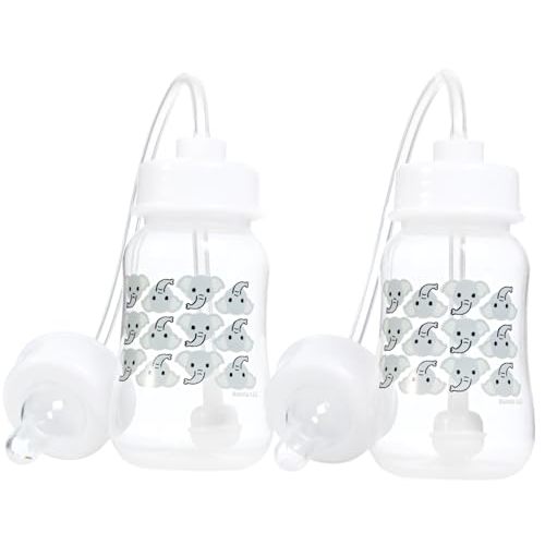 Hands-Free Baby Bottle - Anti-Colic Nursing System 4 oz Baby Bottle with Fast Flow Nipple/Teat 3m+ with Tube Straw Feeding System for Toddler (2 Bottles - Elephant)