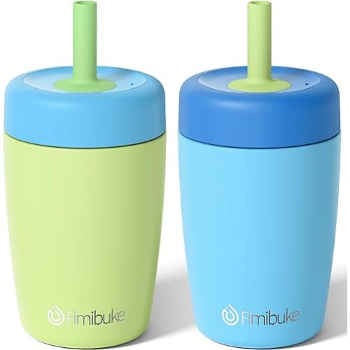Fimibuke Kids & Toddler Cups Spill Proof, 12 OZ Insulated Sippy Cups for Toddlers Boys Girls, BPA-Free Toddler Straw Tumbler, Stainless Steel Kids Water Bottle with Twist Lids & Silicone Straw, 2 Pack