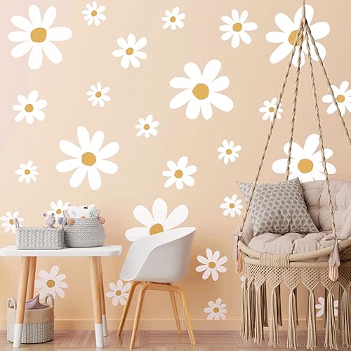 TaoBary 12 Sheets Daisy Wall Decal Flower Wall Sticker Cute Daisy Sticker Pink White Flower Decal Peel and Stick Floral Wallpaper for Nursery Bedroom Home Decor(White, Yellow,Cute Style)