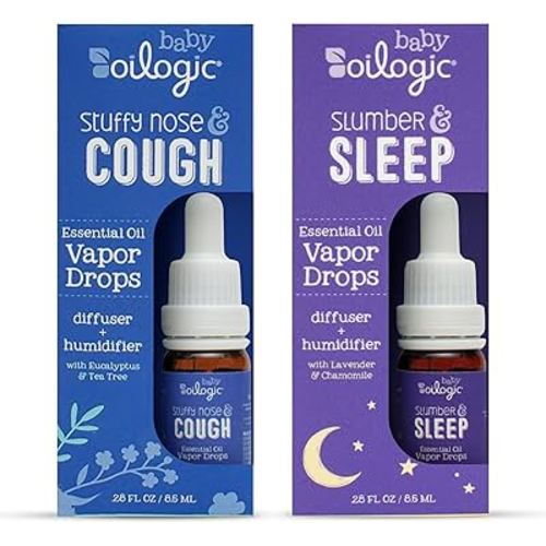 Oilogic Baby Essential Oil Vapor Drops for Diffuse & Humidifier, 2-Pack Set with Stuffy Nose & Cough + Slumber & Sleep - Baby Aromatherapy Oil is Safe for Babies, Kids & Toddlers