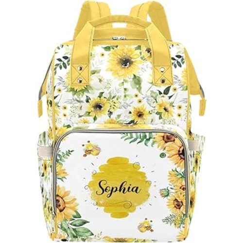 Custom Diaper Bag Backpack for Women, Personalized Name Nursing Mommy Daypack, Diaper Bag for Girls Boys, New Mom Gifts (Bee)