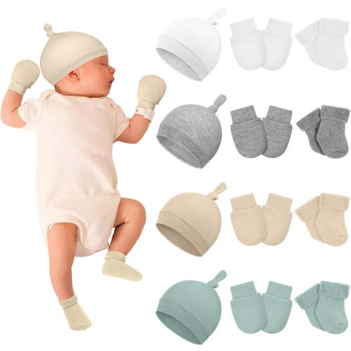 4 Pack Preemie Hats Mitten and Socks Set Preemie Cap No Scratch Mittens Warm Terry Socks for Girls Boys