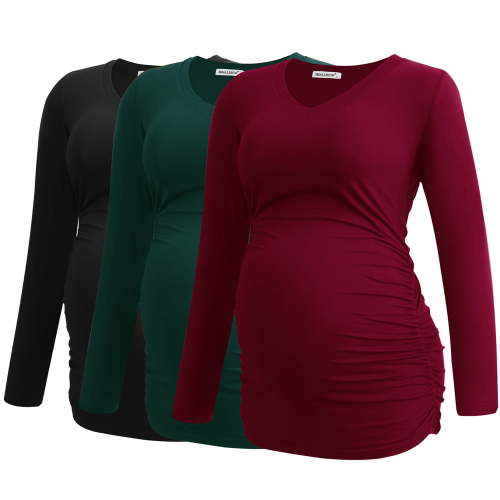 Smallshow V Neck Long Sleeve Pregnancy Tops Shirts Maternity Clothes for Women 3-Pack