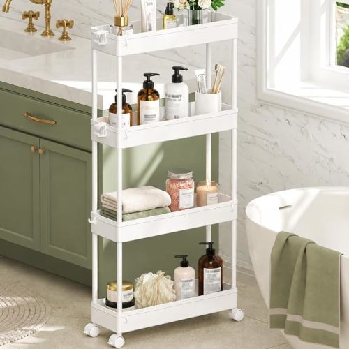 SPACEKEEPER Slim Rolling Storage Cart, 4 Tier Bathroom Cart Organizer,White