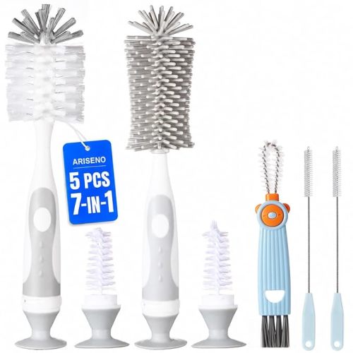 7-in-1 Baby Bottle Cleaner Set, Including Nylon & Silicone Bottle Brush, Cap, Straw & Nipple Brushes, BPA-Free (Gray)
