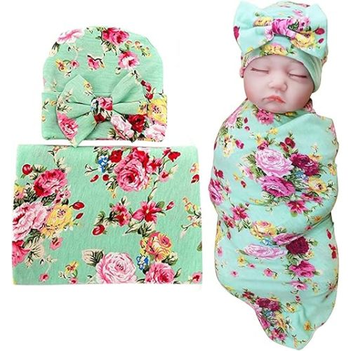DRESHOW BQUBO 1 Pack Newborn Floral Receiving Blankets Newborn Baby Swaddling with Headbands or Hats Sleepsack Toddler Warm Shower Gift