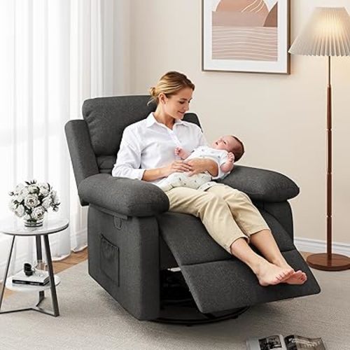 Glider Recliner Chair for Adult Indoor Upholstered Baby Nursery Chair Rocking Chair 360° Swivel with Side Pockets for Nursery and Living Room Bedroom(Black)