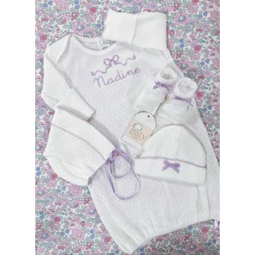 Paty Lavender Baby Gown /Bonnet / Booties / Lilac Paty Monogram Gown / Newborn Girl Coming Home Outfit/ Girls Layette Set /Baby Shower Gift/