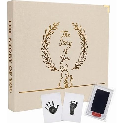 Baby Memory Book Keepsake Journal – First 5 Years, Gender Neutral, Newborn Photo Album & Milestone Book with Hand & Footprint Kit, Scrapbook Gift for Baby Shower (Beige)