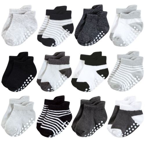Hudson Baby Infant Boy Non-Skid No-Show Socks, Black White Stripes, 6-12 Months