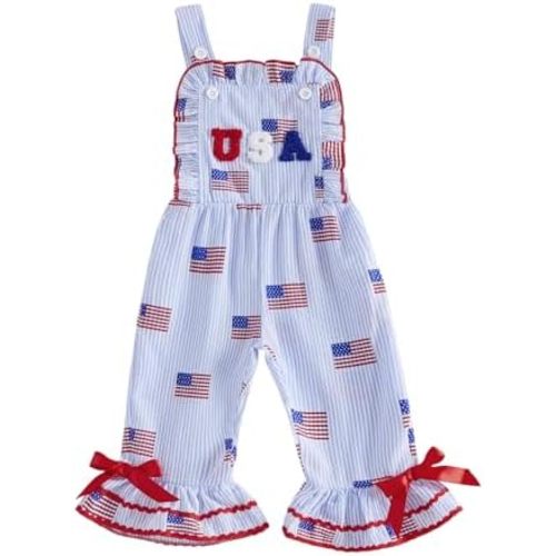 4th of July Baby Girl Outfits Toddler American Flag Print Overalls Romper Kids Bell Bottom Suspender Jumpsuit
