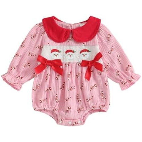 Newborn Baby Girls Christmas Outfit Long Sleeve Doll Collar Candy Cane Santa Smocked Romper One Piece Clothes