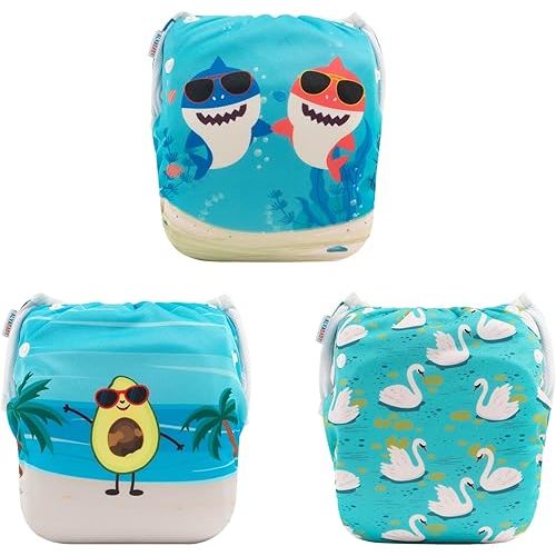 ALVABABY Large Swim Diapers 3pcs Baby & Toddler Snap One Size Reusable Adjustable Baby Gifts Baby Boy 3SWY36