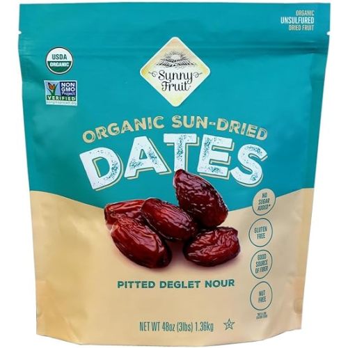 ORGANIC Pitted Dates (Deglet Nour) - Sunny Fruit 48oz Bulk Bag (3 lbs) | NO Added Sugars, Sulfurs or Preservatives | NON-GMO, VEGAN, HALAL & KOSHER