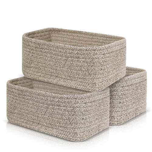 3 Pack Storage Basket, 12"x8"x5"' (8L) Rectangle Woven Baskets for Storage, Cotton Rope Basket for toys, Towel Baskets for Bathroom, Closet Organizer Bins Shelves Organizer, Decorative Basket(Brown)