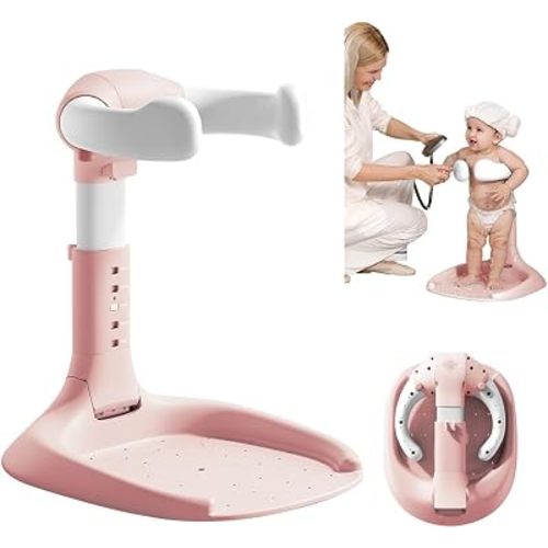 Baby Shower Stand, Baby Bath Support, Shower Standing Support with Adjustable Height and Armrest, Bath Stand with Anti-Skip and Shower Head Holder, Bath Essentials for Infants