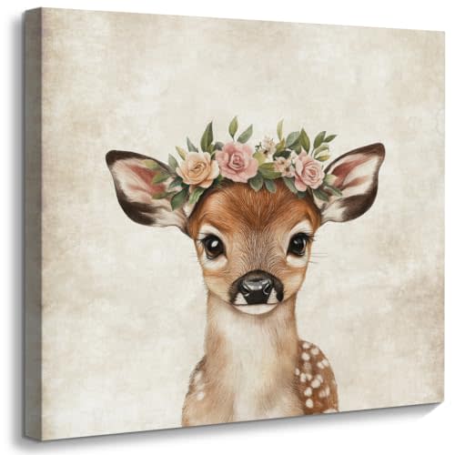 ORIDOMY Cute Deer Wall Art for Baby Nursery Wildlife Deer Wearing Wreath Wall Pictures Vintage Animal Portrait Photo Painting for Farmhouse Bedroom Bathroom Home Office Decor Kids Gifts 12"x12"