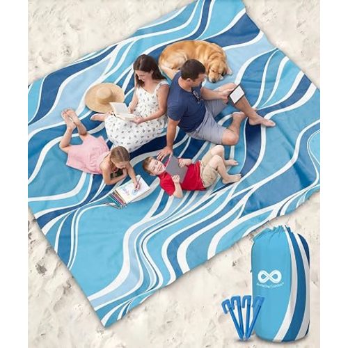 Everlasting Comfort Large Beach Blanket Waterproof & Sandproof - 128” x 108” /10.7ft x 9ft - Lightweight Picnic Mat, Camping Necessities for 10 People - Accessories for Outdoor Festivals - Blue