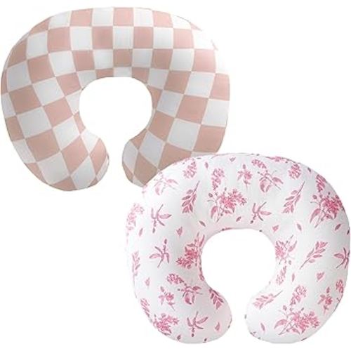 2-Pack Nursing Pillow Covers,Ultra-Soft Stretchy Breastfeeding Pillowcase for Baby Boys Girls, Fits 22.5"x18" Pillows,Removable Feeding Pillow Slipcovers for Newborn(Flower & Pink Checkered)