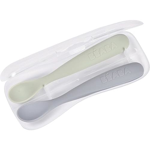 BEABA Baby's First Foods Spoon Set with Travel Case, Original Soft Silicone Baby Spoons, Baby Essentials, Travel Set, Clay
