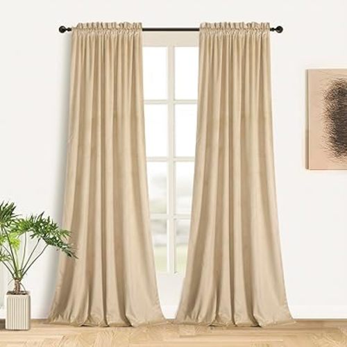 Roslynwood Cream Velvet Curtains 96 inch Length - Curtain Block Rod Pocket Thermal Insulated Window Drapes Panels for Bedroom/Living Room, W52 by L96 inches, 2 Panels