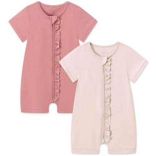 JunNeng Baby Boy Girl Pajamas 2 Pack Rayon from Bamboo Summer Sleeper Infant Short Sleeve Zipper Footless One-piece Romper