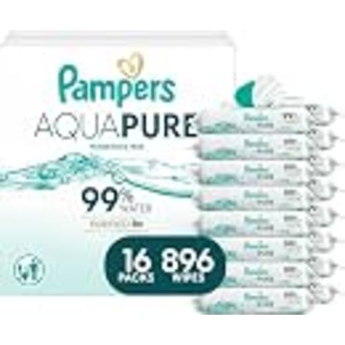 Pampers Aqua Pure Baby Wipes, Unscented, Fragrance Free, 99% Water, Water Based, Multi-Use, 896 Wipes Total (16X Flip-Top Packs)