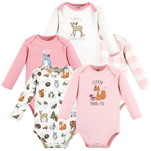 Touched by Nature Infant Girl Organic Cotton Long-Sleeve Bodysuits, Girl Woodland Alphabet 5-Pack