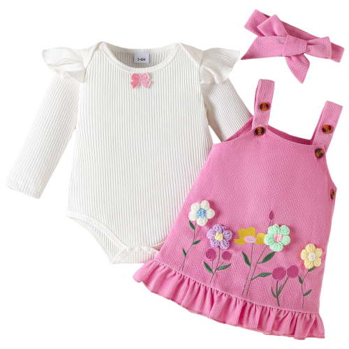 HCNTES Baby Girl Outfits Ruffle Long Sleeve Ribbed Romper Corduroy Suspender Skirt Overall Dress Fall Clothes(Hot Pink,6-9 Months)