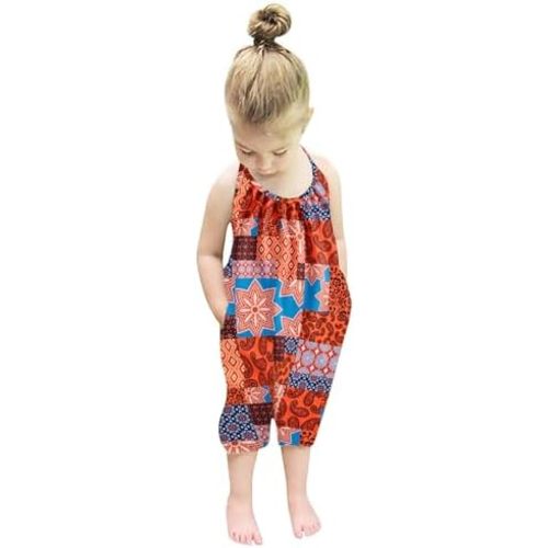 Backless Strap Slouch Jumpsuit for Toddler Girls Cute Harem Halter Romper Pants with Pockets