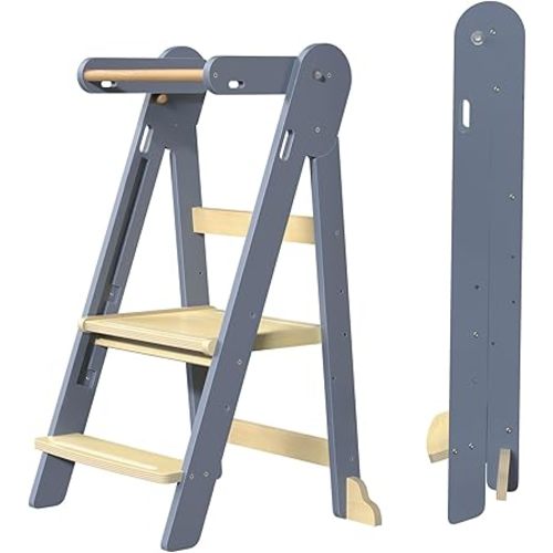 Grownsy Foldable Step Stool Toddler Tower, Toddler Kitchen Stool Helper, Collapsible Kids Standing Tower with 3 Adjustable Heights for Kitchen Bathroom Sink Counter (Blue Gray)
