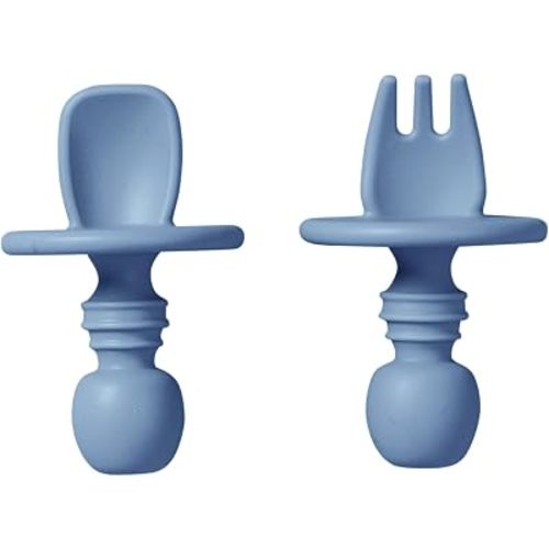 SARO “Nordic” Training Utensil Set: Silicone Ergonomic Spoon & Fork for Baby-Led Weaning & Self-Feeding (Mist Blue)
