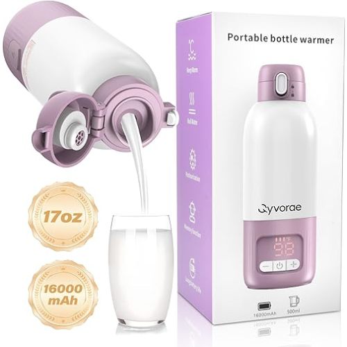 Qyvorae Portable Bottle Warmer for Travel, 17 oz Large Capacity & 16000mAh Extended Battery Life, 8 Temp Contorl, Breastmilk/Formula/Water/Milk 2Min Fast Warmer Heating, Ideal for Travel, Outdoor