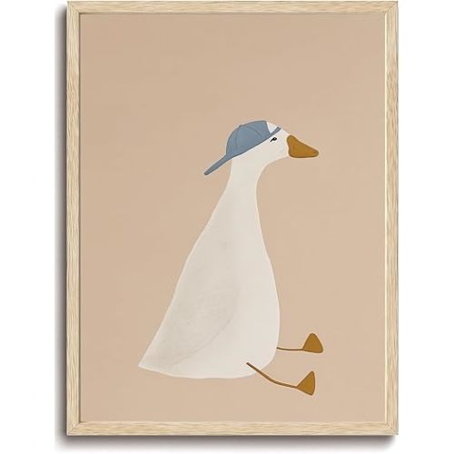 KISSFOX OAK Wood Framed Wall Art Cool Goose with Baseball Hat Wall Decor Animal Canvas Art Cute Pictures Beige Paintings Boho Artwork Neutral Prints For Nursery Kids Children Playroom Boys Girls