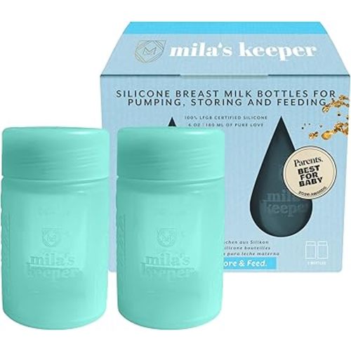 Mila's Keeper Premium Silicone Breast Milk Storage Bottles, for Pumping, Storing and Feeding, Fits Leading Pumps and Nipples, 6 oz Silicone Milk Storage Containers, Wide Neck Ocean Mist, Set of 2