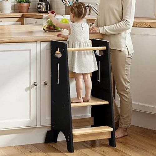 COSYLAND 3 Levels Adjustable Toddler Standing Tower - 33.5IN/85CM Stable Kids Kitchen Step Stool with Protective Crossbar - Wooden Toddler Kitchen Stool Helper(Black & Natural)