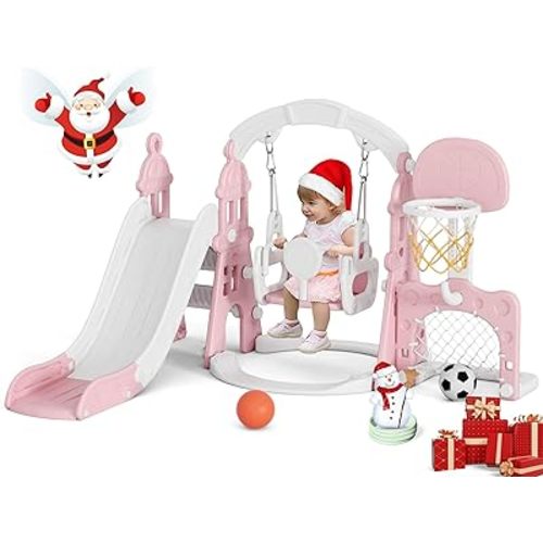 XJD 6-in-1 Toddler Slide and Swing Set, Kids Slide for Toddlers Age 1+, Toddler Outdoor Playset with Basketball Hoop, Football Frame, Swing, Outdoor Indoor Playground for Toddlers 1-3 (Pink)