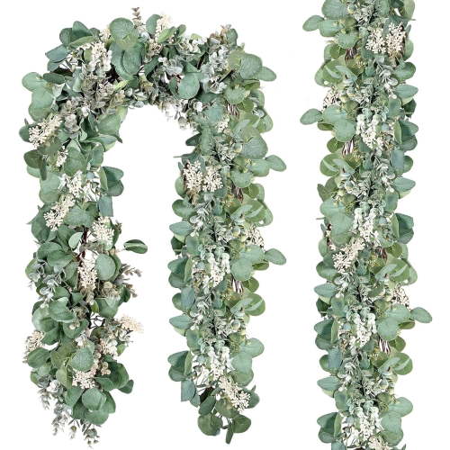 Scidweet 2 Pack Greenery Eucalyptus Garland, 13 ft Silver Dollar Leaves Boxwood with White Buds Artificial Faux Greenery Vines for Baby Shower Wedding Party Table Runner Room Home Mantle Decor