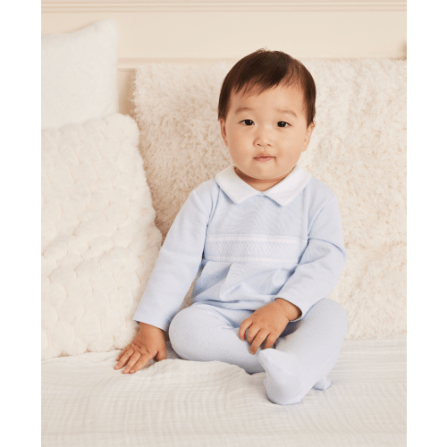 CLB Punto Ingles Blue Hand Smocked Collar Footie